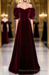 Modest Burgundy Long Semi Formal Prom Dresses with Short Sleeves Vintage Evening Gown